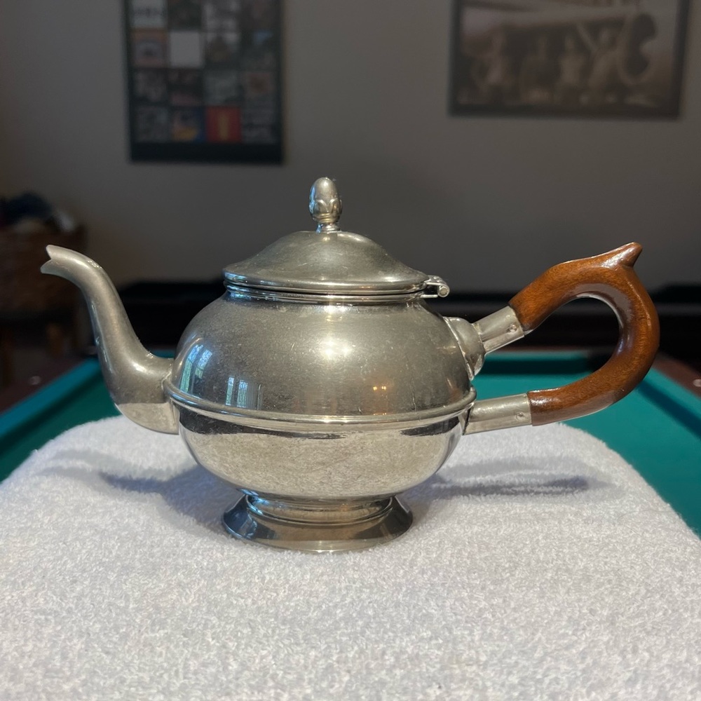 Vintage Lightweight metal silver teapot with wooden handle